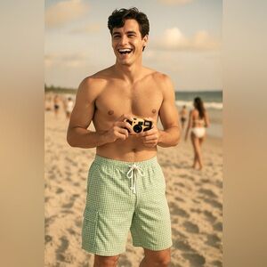 Ralph Lauren Men’s Green Gingham 90’s Board Shorts/Swim trunks , 36, MSRP $129